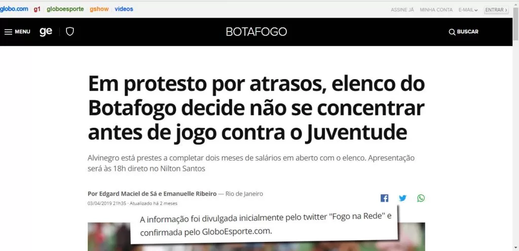 Em protestos por atrasos, elenco do Botafogo decide não se concentrar antes do jogo contra o Juventude