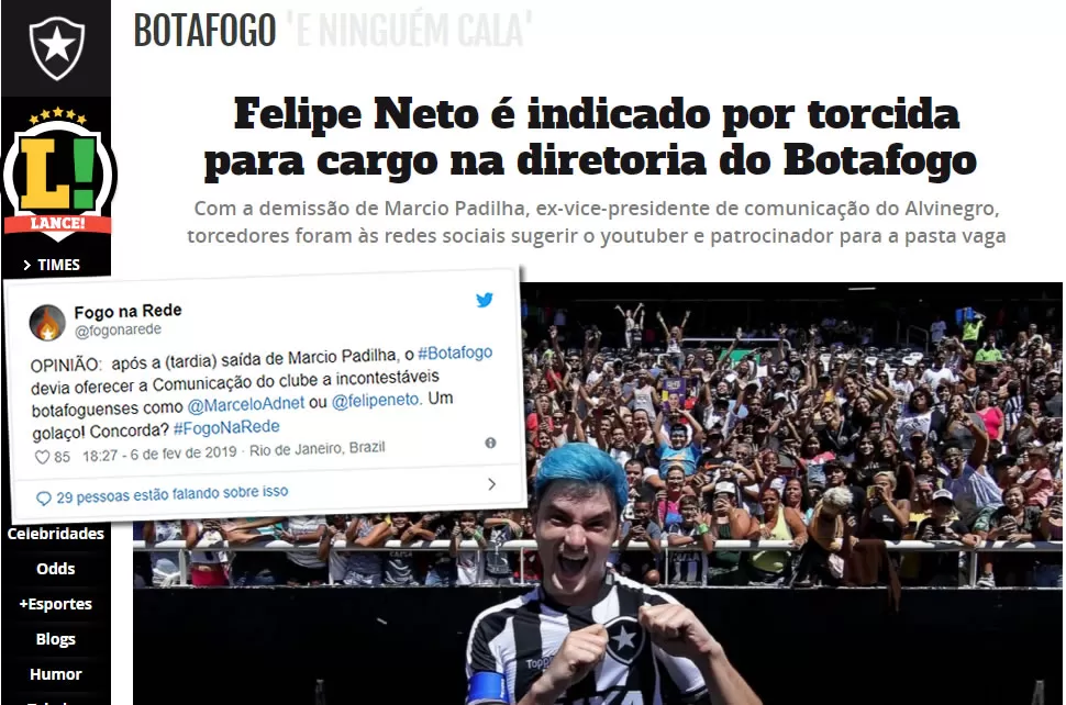 Felipe Neto é indicado por torcida para cargo na diretoria do Botafogo