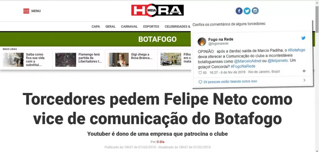 Torcedores pedem Felipe Neto como vice de comunicação do Botafogo