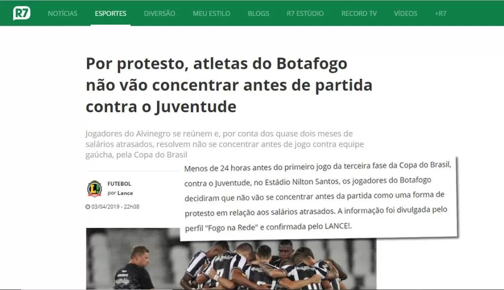 Por protesto, atletas do Botafogo não vão concentrar antes de partida contra o Juventude