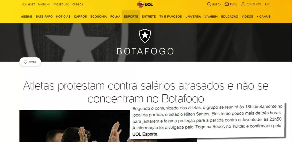 Atletas protestam contra salários atrasados e não se concentram no Botafogo